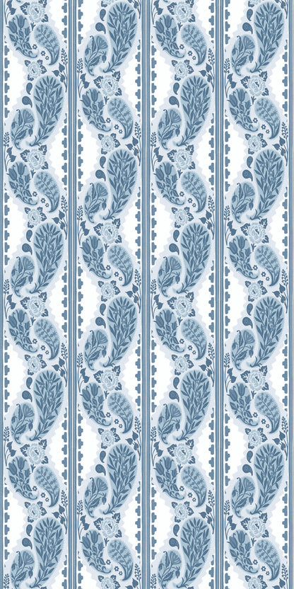 Image of Paisley Block Stripe in Sky Blue Wallpaper