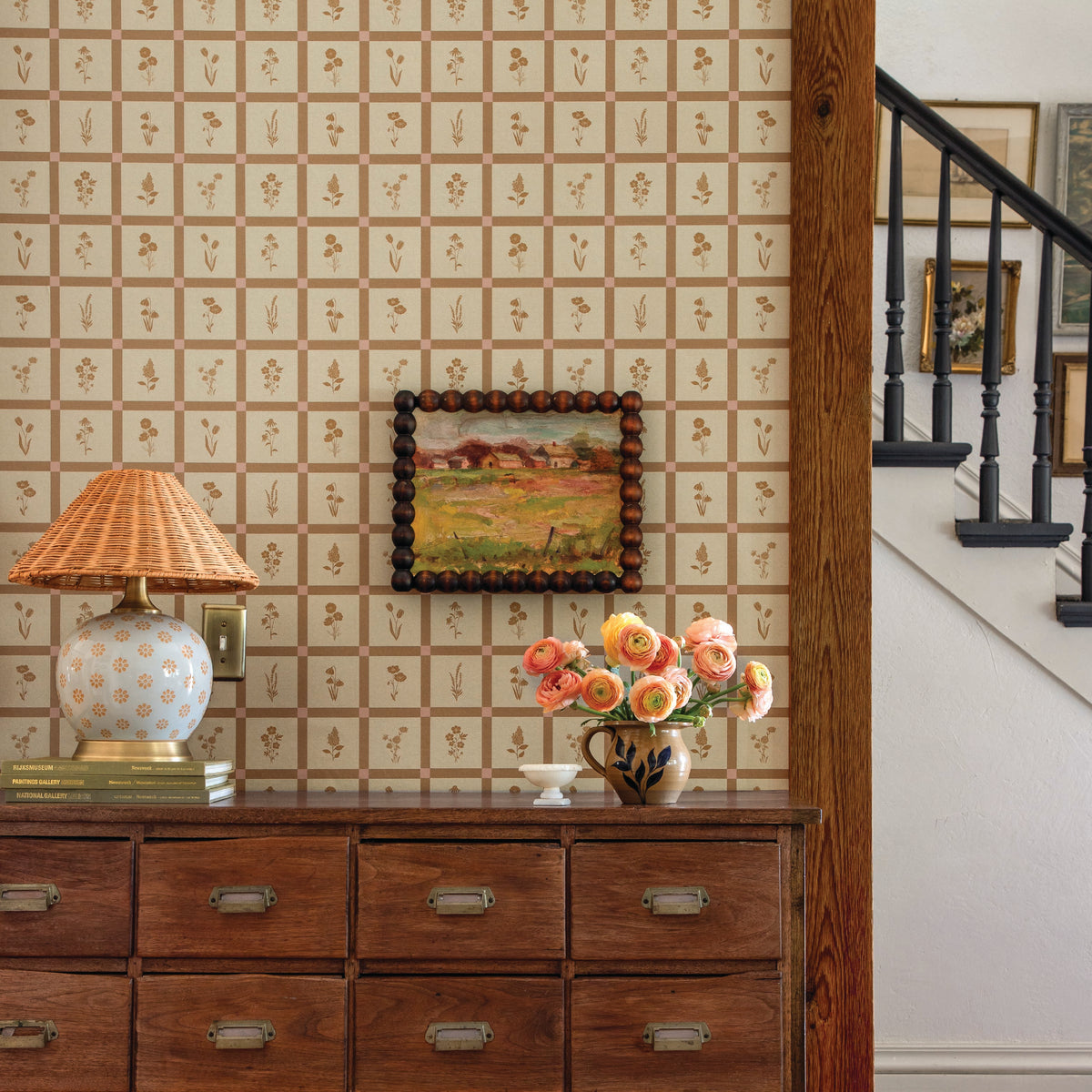 Woven Wildflower Wallpaper in Mustard/Pink