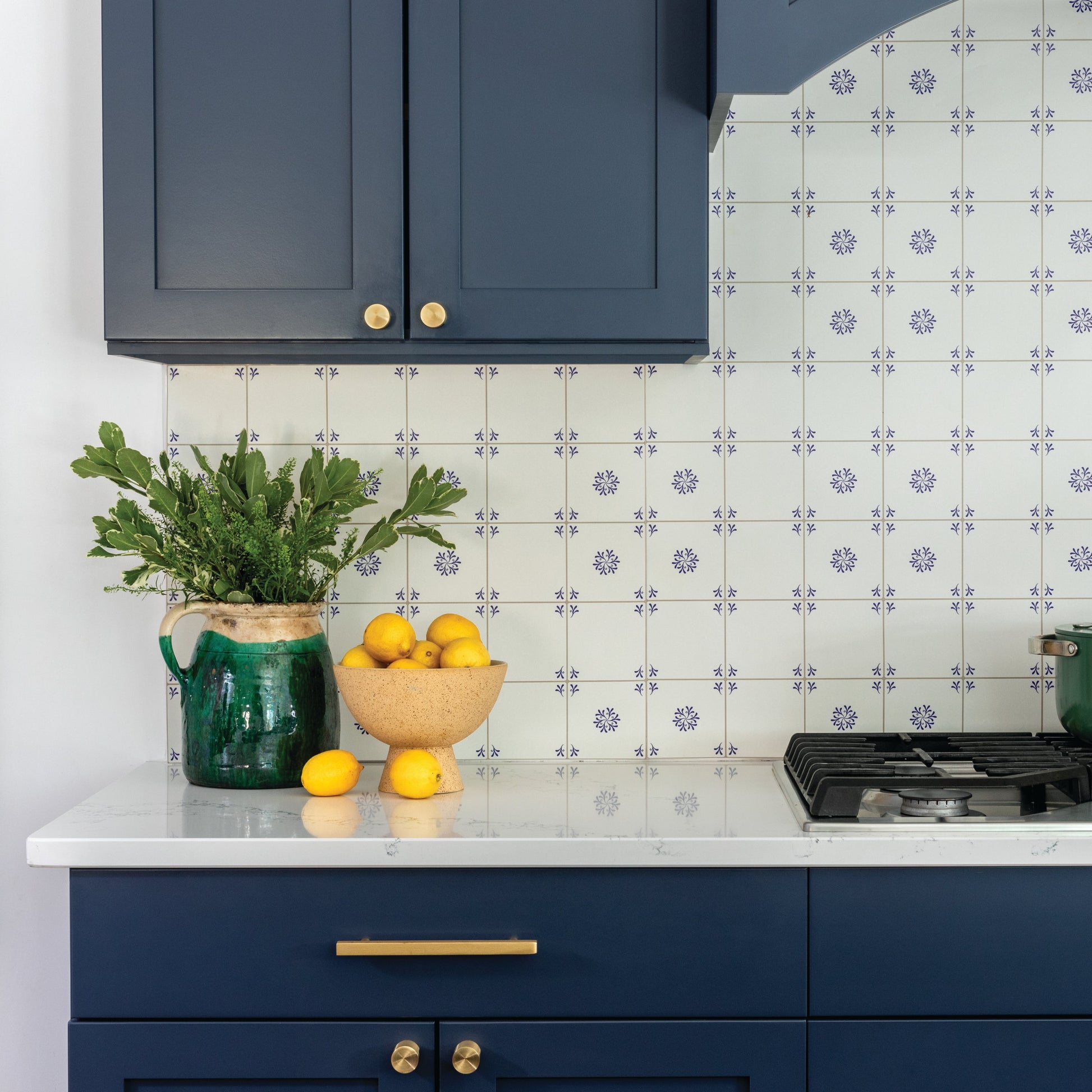 Kiitchen decorated with Porto Tile Decals Tile/Flooring in White/Blue