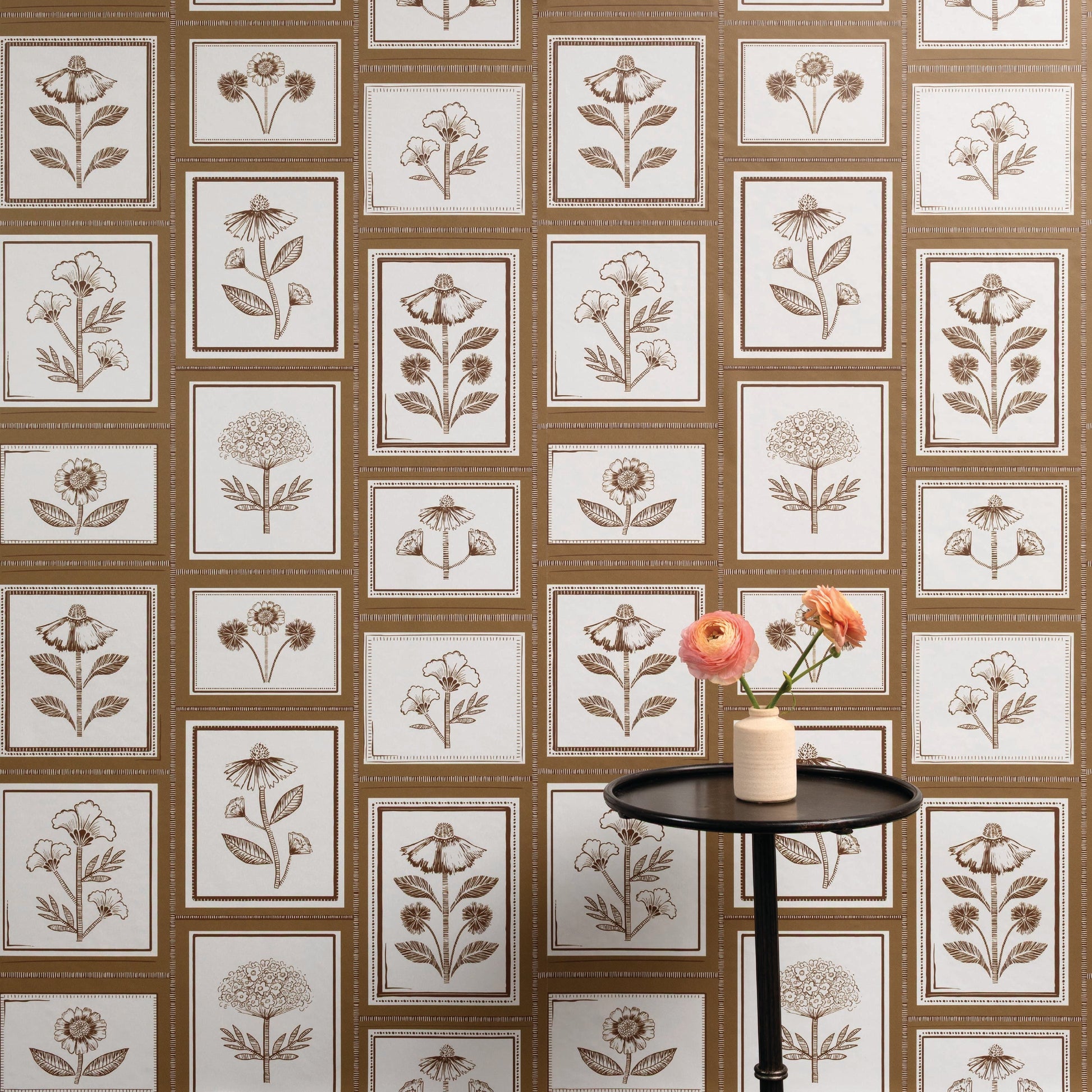 Image of Framed Flowers in Ochre Wallpaper