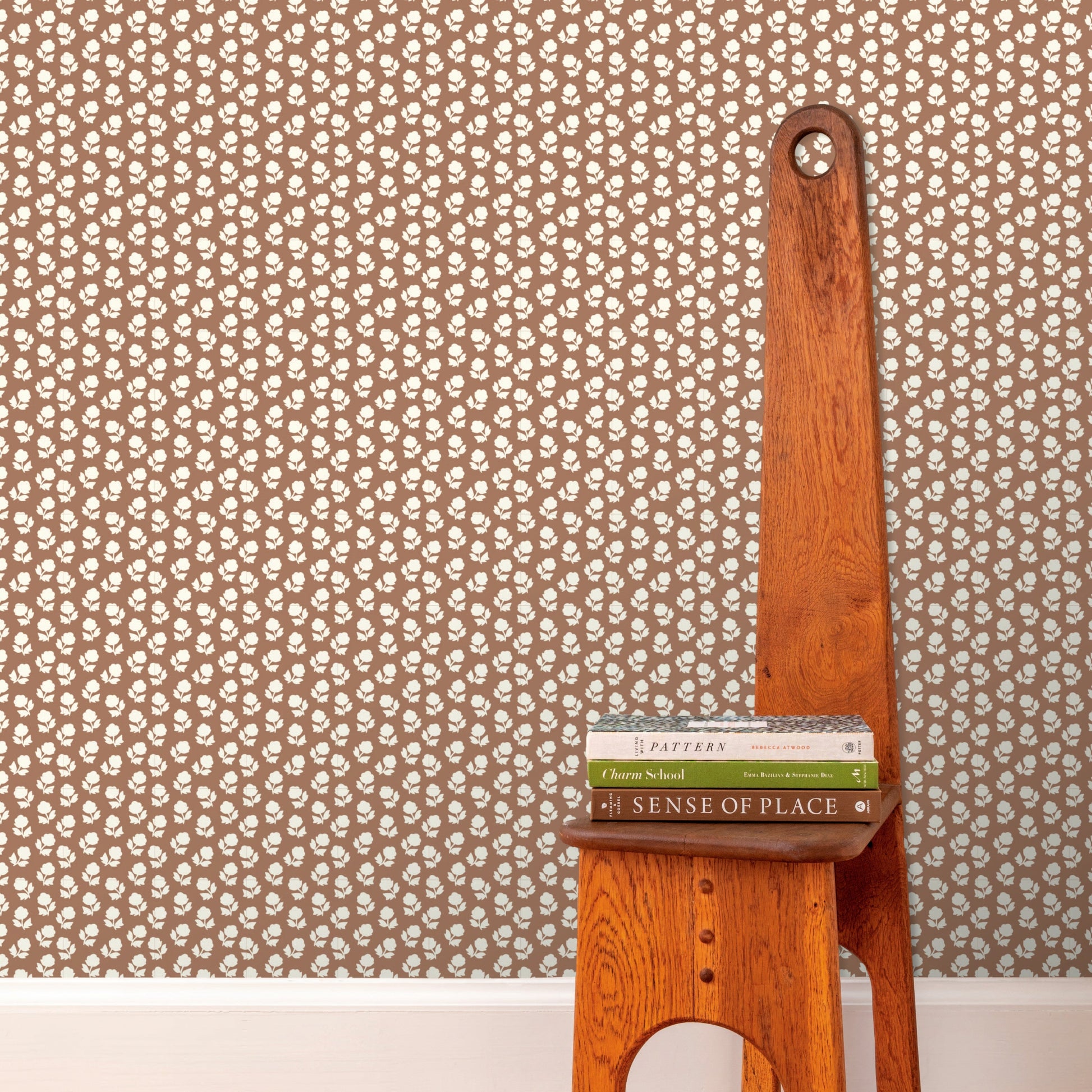 Image of Flower Stamp in Brown Cream Wallpaper