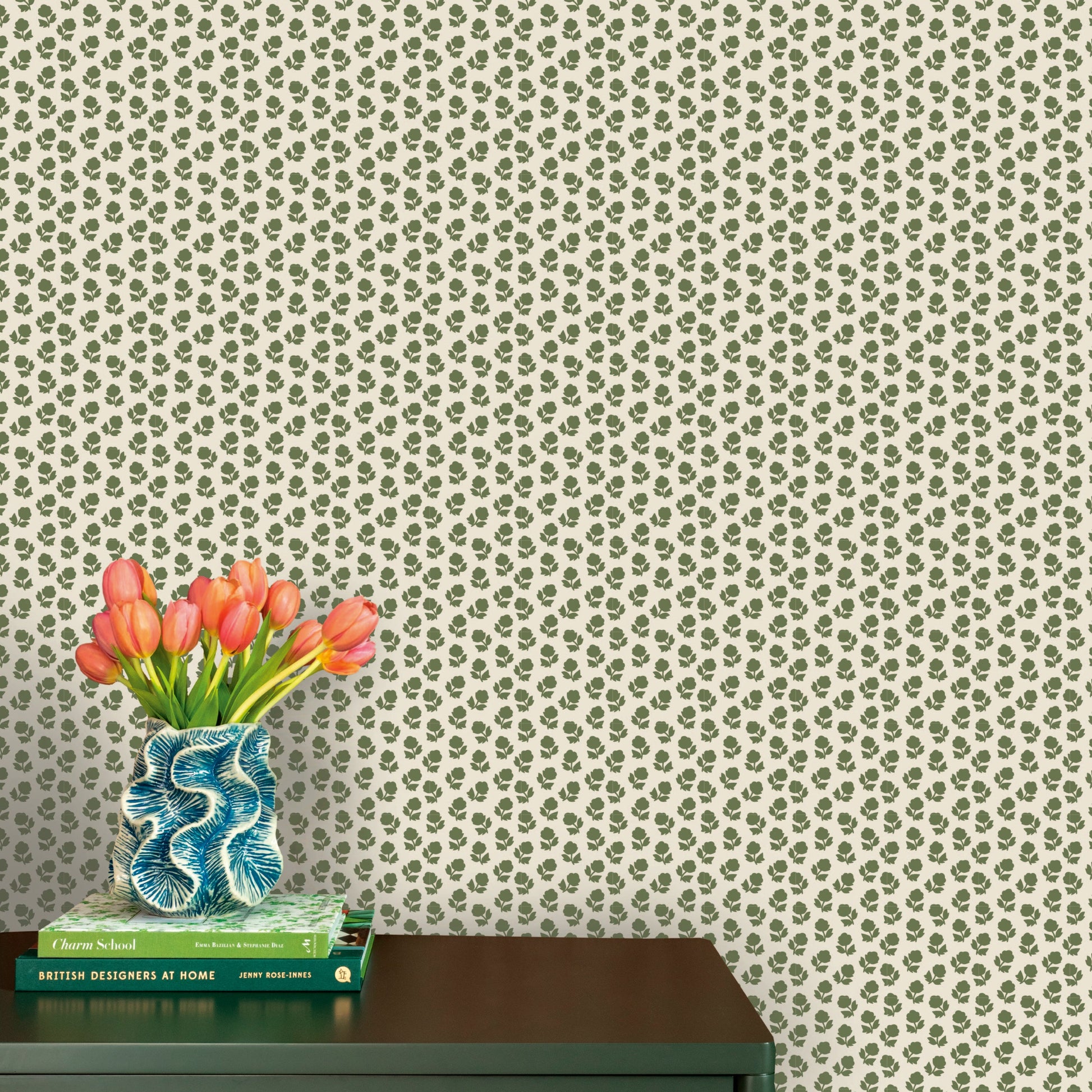 Image of Flower Stamp in Cream/Olive Wallpaper