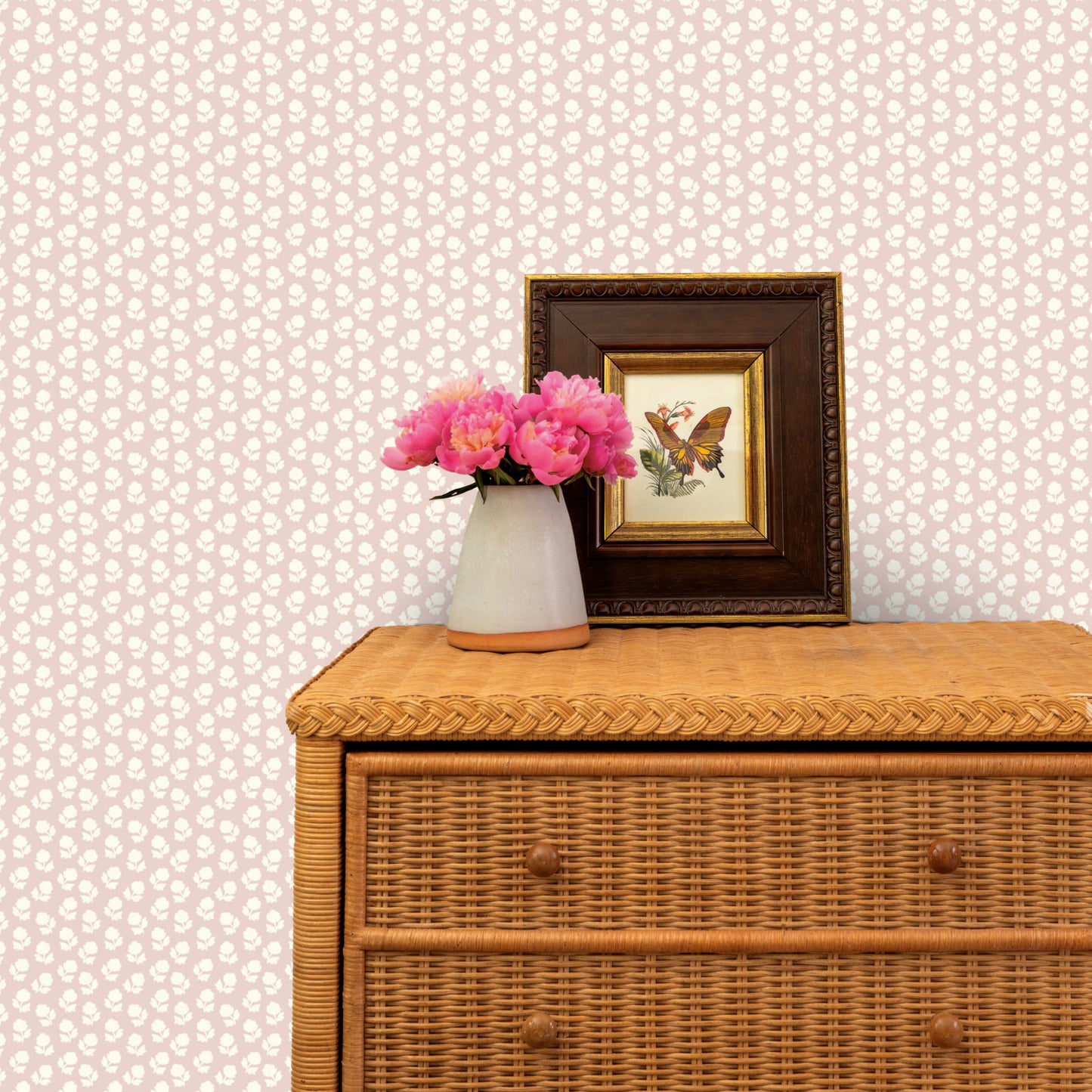 Image of Flower Stamp in Pink Cream Wallpaper