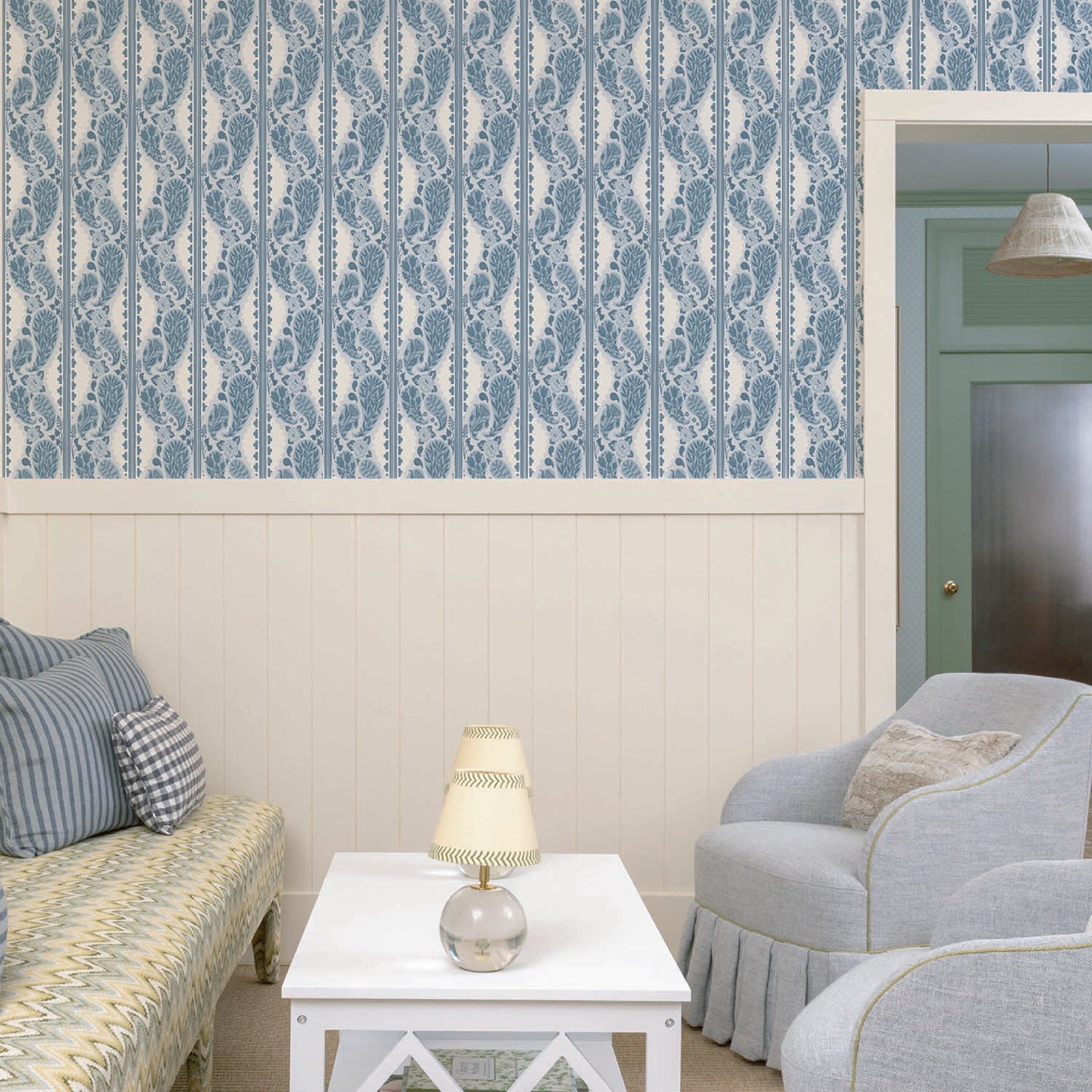 Image of Paisley Block Stripe in Sky Blue Wallpaper