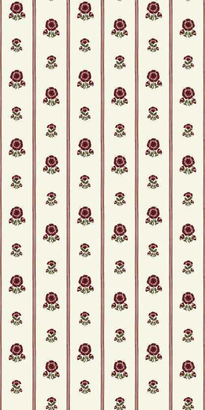 Image of Fan Floral Stripe in Burgundy Wallpaper